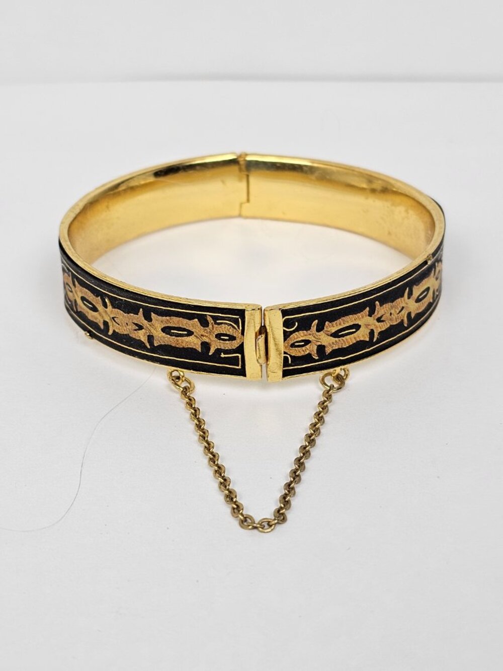 Vtg Damascene Floral Hinged Bangle Bracelet Black Rose Yellow Gold Tone Inlay - Picture 2 of 14